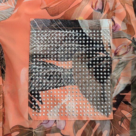 FRANK LYMAN Blouse L Multicolor Floral Sheer Embellished Roll Tab Sleeve Tie - Picture 7 of 14